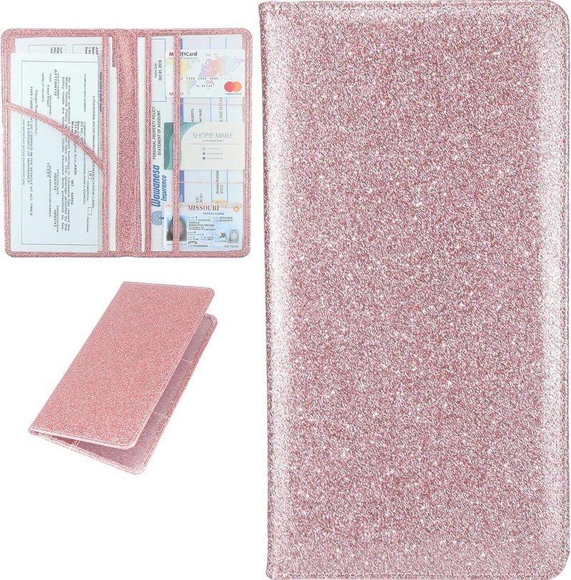 Miunice Car Registration and Insurance Holder, Bling Premium Pu Leather Vehicle Glove Box Organizer, Prefect Leather License Registration Holder for Driver License, Cards & Essential Documents (Pink) - Image 1